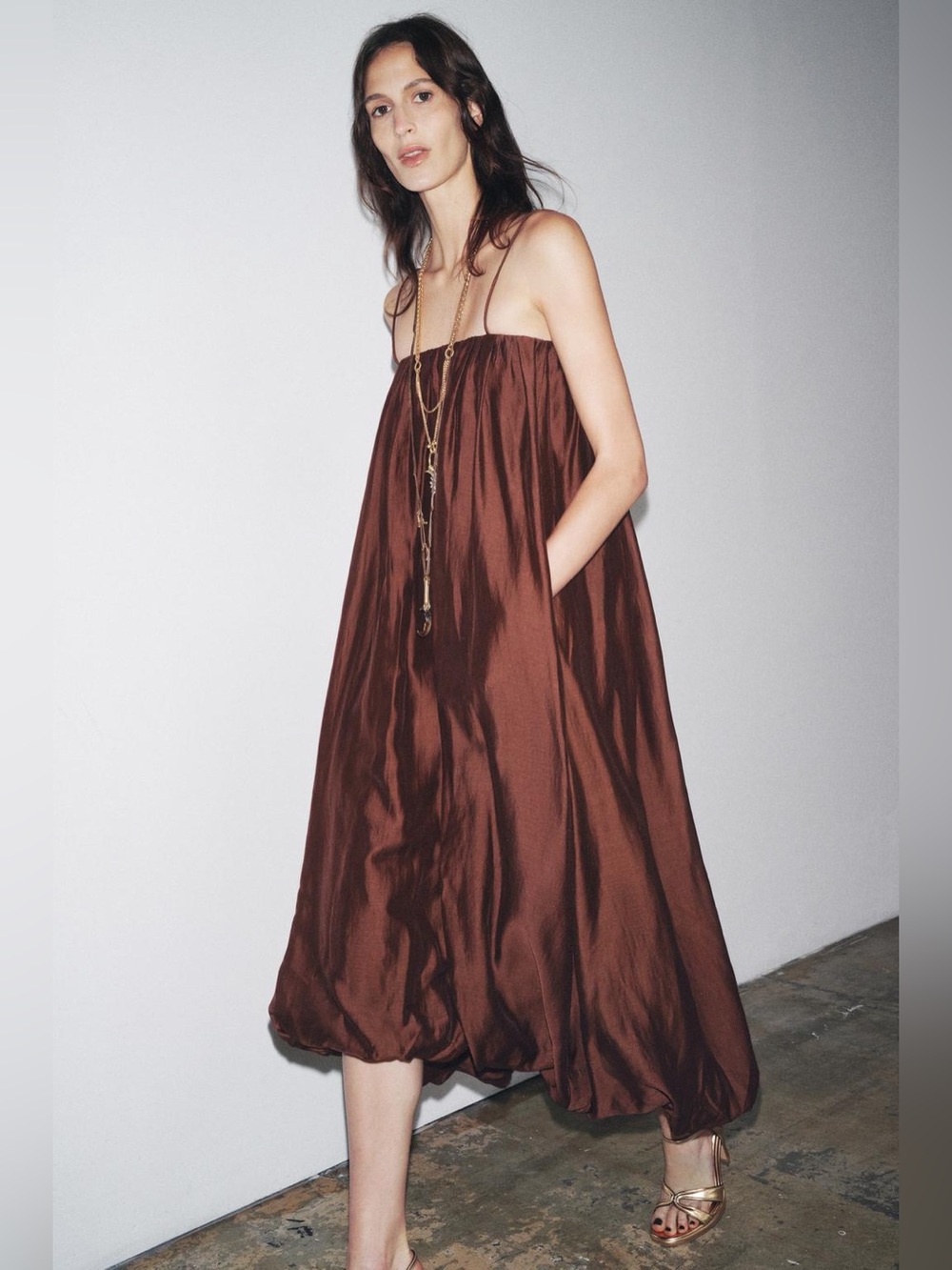 Zara Strapless Brown Satin Balloon-Hem Dress